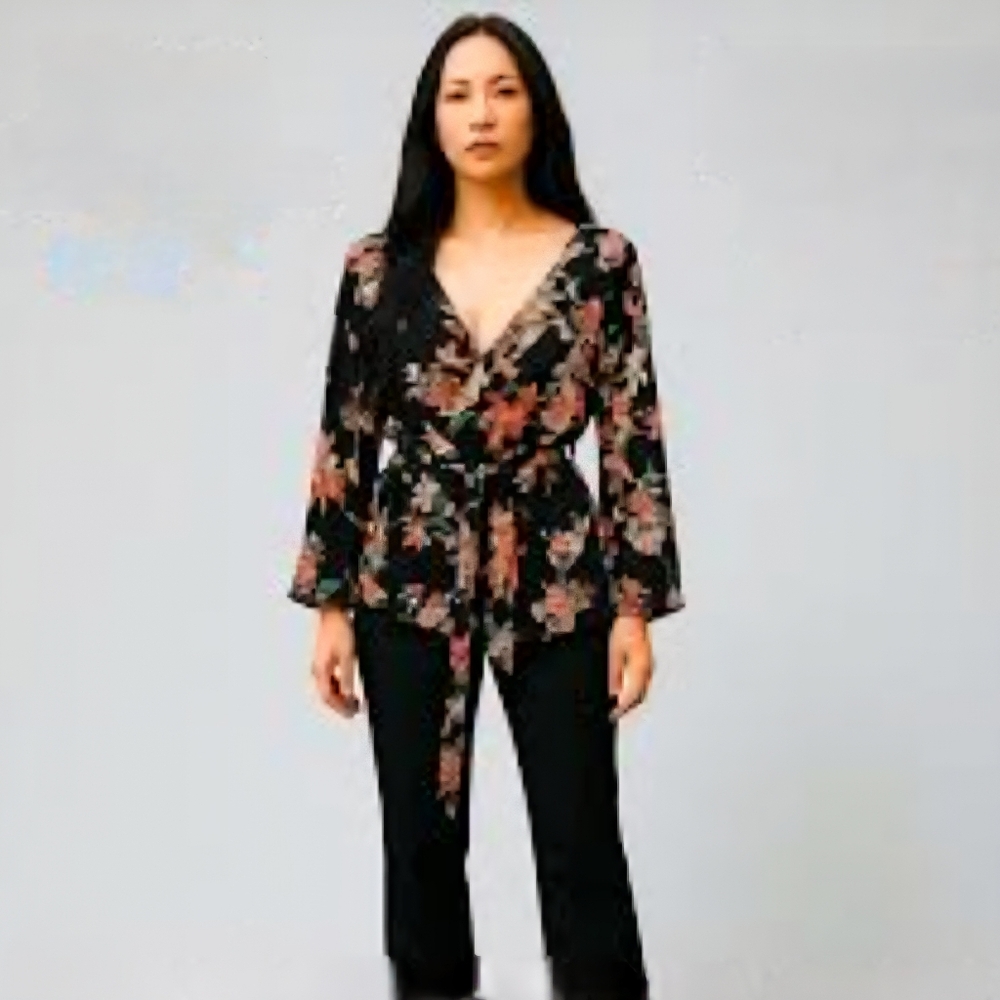 Wrap Around Black Floral Women's Blouse